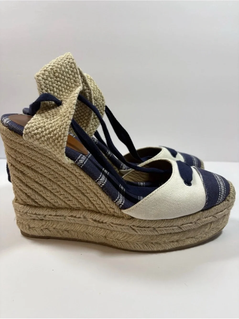 Coach Fern Ankle-tie Espadrille Wedge Sandals Blue and Beige